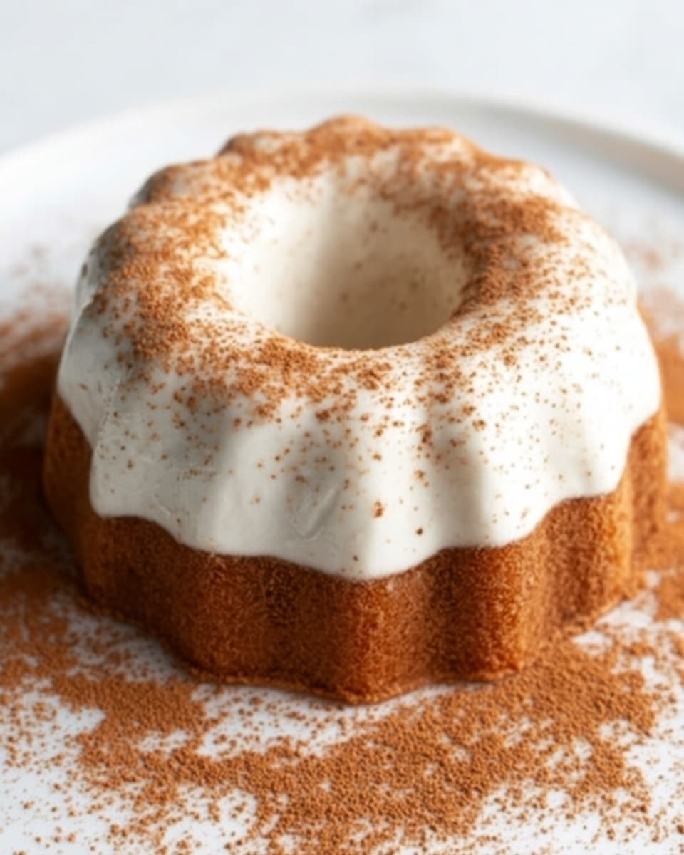 The image shows a small bundt-shaped dessert with two clear layers. The bottom layer is light brown and has a smooth texture, forming a solid base. The top layer is thick white cream that smoothly covers the dessert, filling the bundt shape and slightly touching the sides of the white plate it sits on. A fine brown powder is sprinkled all over the top white cream layer and the surrounding plate, adding a soft textured contrast. The plate is on a white marbled surface. Photo taken with an iphone --ar 4:5 --v 7