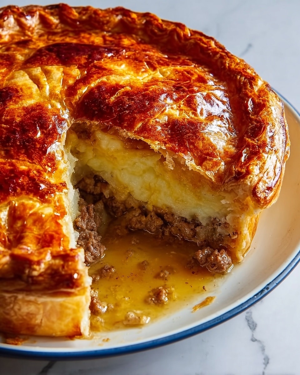 A golden brown pie with a thick, crispy crust sits on a white plate, a large piece cut out showing the inside layers. The top crust is shiny and flaky with crimped edges, revealing a soft, light yellow mashed potato layer just below it. Under the mashed potato is a dark brown, finely ground cooked meat layer sitting in a small pool of juice that has spilled onto the plate. The plate rests on a white marbled surface. Photo taken with an iphone --ar 4:5 --v 7