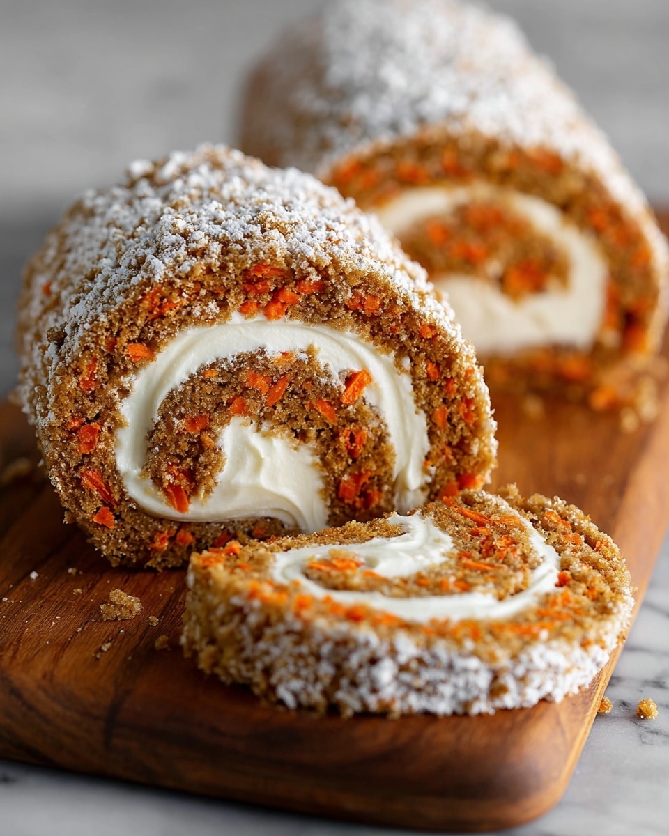The image shows three thick slices of a carrot roll cake on a wooden board with a white marbled background. Each slice has two visible layers: the outer layer is a moist, textured brown cake with small orange carrot pieces, and the inner layer is a smooth, creamy white filling swirled evenly inside. The cake surface and board are lightly dusted with powdered sugar, giving a soft, powdery contrast to the denser cake texture. The rolls are positioned in a line, with the front slice in sharp focus and the others blurred in the background. Photo taken with an iphone --ar 4:5 --v 7
