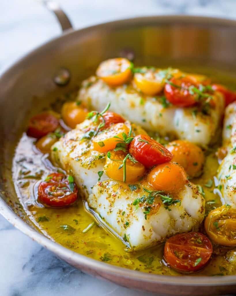 Pan-Seared Cod in White Wine Tomato Basil Sauce Recipe