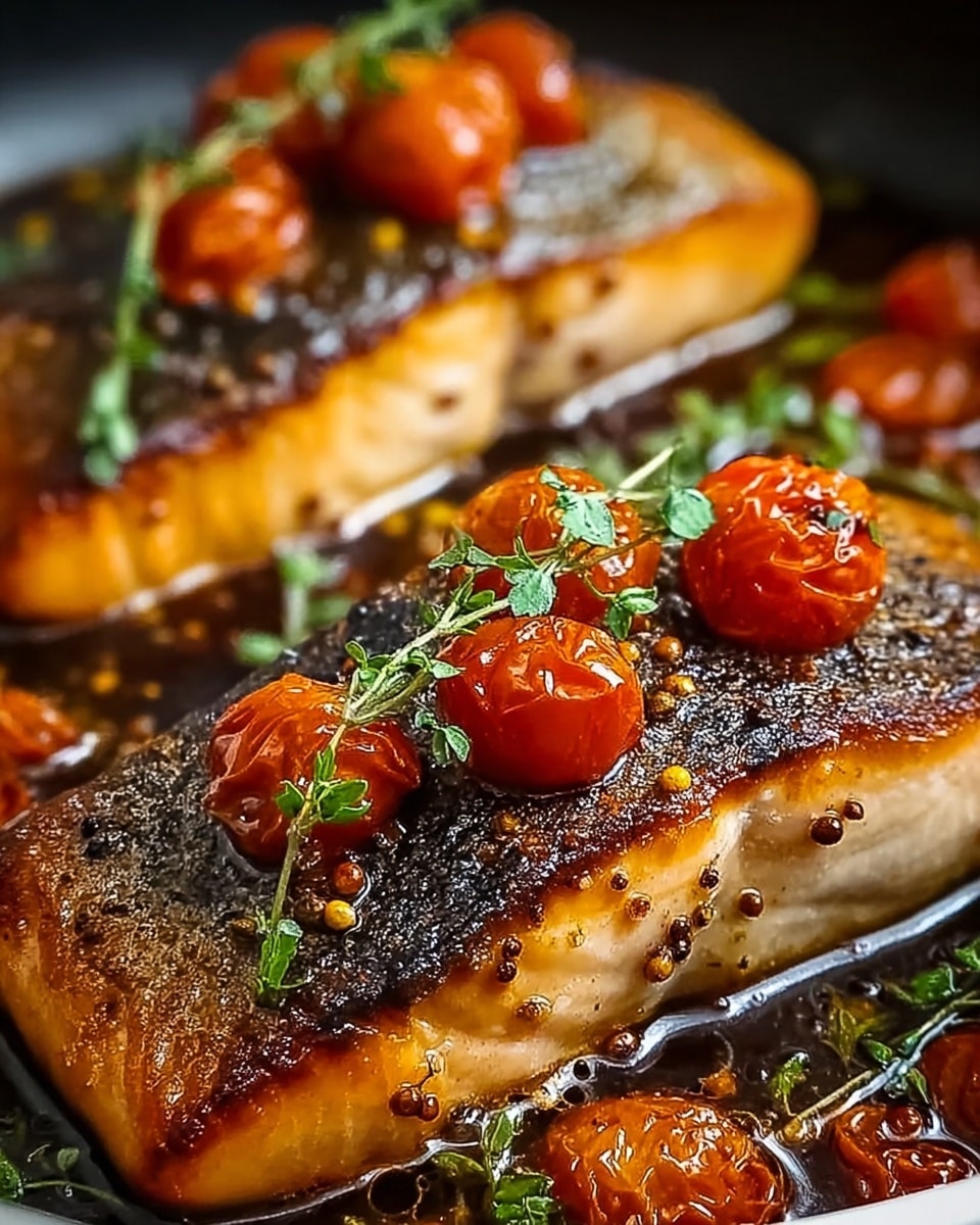 Two pieces of cooked salmon fillets sit in a black pan filled with oil. Each salmon piece has a golden brown crispy outer layer speckled with black seasoning. On top of the salmon fillets are three small roasted cherry tomatoes, bright red and slightly charred, along with small green herb sprigs. The oil around the fish reflects the light, creating a glossy look. Photo taken with an iphone --ar 4:5 --v 7
