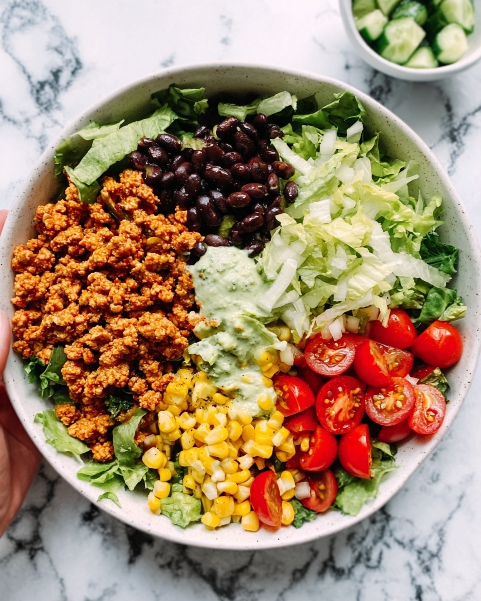 The image shows a white bowl filled with a colorful layered salad placed on a white marbled surface. Starting from the right side of the bowl, there are halved cherry tomatoes in bright red, followed by a layer of yellow corn kernels. Next to the corn is a bed of fresh green leafy lettuce. Above the lettuce, there are cooked black beans forming a dark brown layer. On the left side close to the bottom, there is a layer of crumbly cooked ground meat or tofu in a golden-brown color. In the middle, slightly overlapping these layers, lies a piece of grilled lettuce or cabbage with char marks, giving it a light green color with dark brown edges. The layers are distinctly separate but close together, showing a fresh and healthy mix of colors and textures. Photo taken with an iphone --ar 4:5 --v 7
