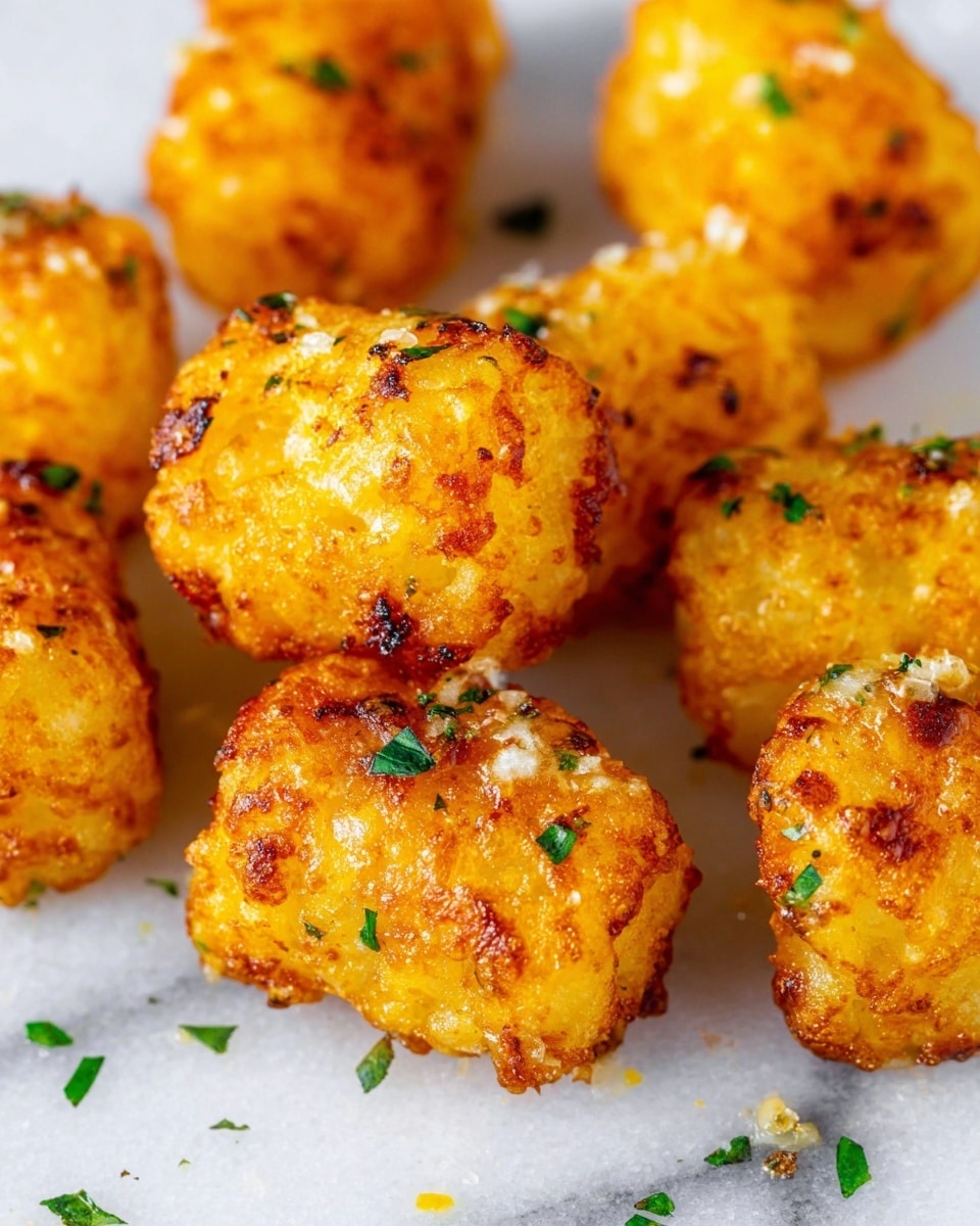 Golden brown tater tots are scattered evenly over a white marbled surface. Each tot shows a crispy, textured outside with small bits of potato visible beneath the crunchy layer. They are sprinkled lightly with green herbs and tiny bits of white powdered seasoning, adding contrast to the warm orange and yellow tones of the cooked potato. The tots are arranged to show their uneven, rustic shapes that highlight their crunchy and soft combination. photo taken with an iphone --ar 4:5 --v 7