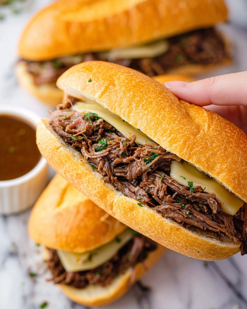 A close-up view of a sandwich held by a woman's hand, showing a golden yellow crusty sandwich roll with a soft interior. Inside, there is a generous layer of shredded brown meat, topped with thin slices of melted cheese that have a slightly translucent, creamy texture. The sandwich rests on a white marbled surface, with another similar sandwich placed in the background, slightly out of focus. A small white cup filled with dark brown sauce is also visible blurred in the background. The colors are bright and warm, highlighting the texture of the bread and the juicy meat. photo taken with an iphone --ar 4:5 --v 7