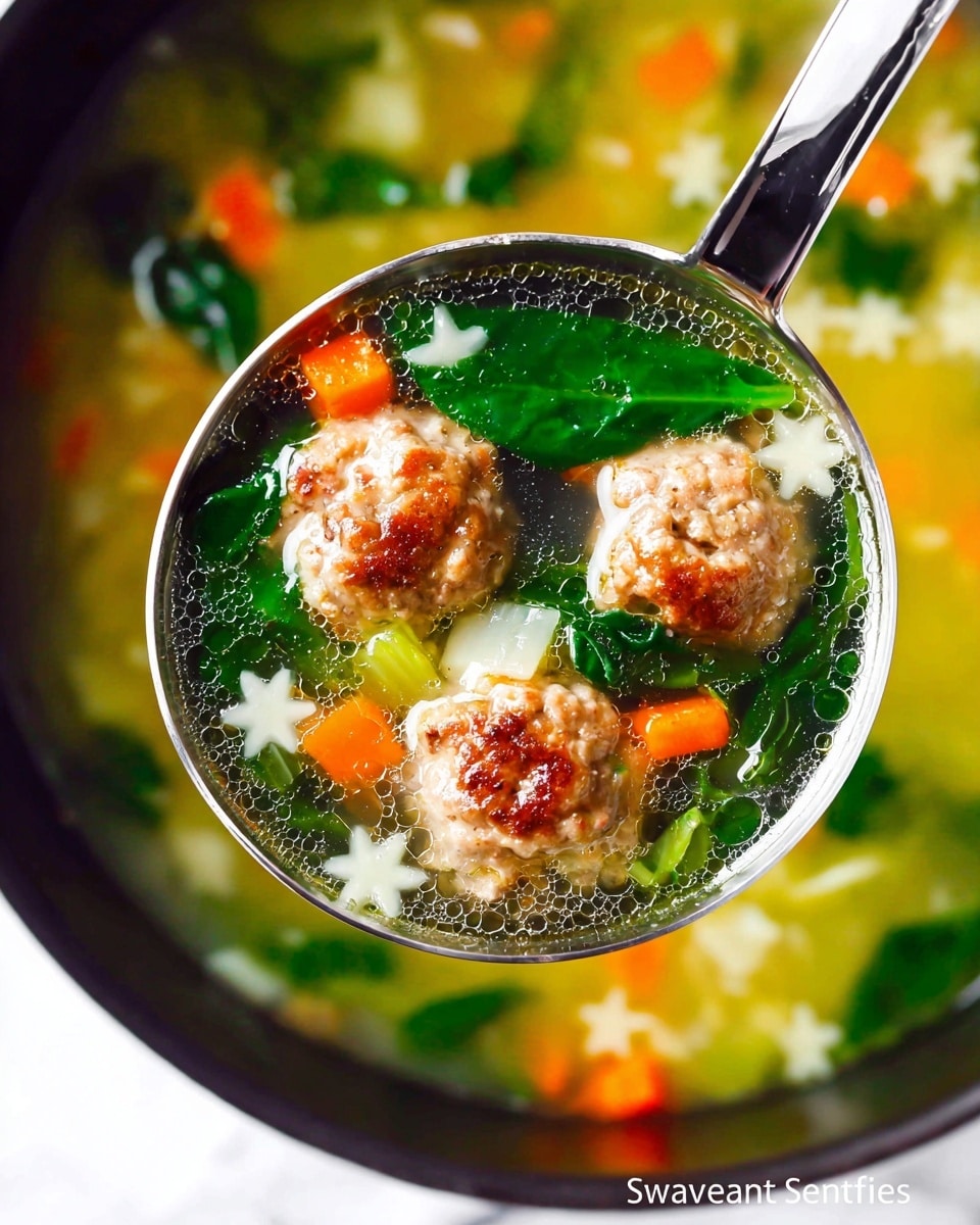 A ladle filled with clear, light yellow broth holds three browned meatballs with a slightly rough texture. Mixed in the broth are small, star-shaped white pasta pieces, bright orange carrot cubes, green spinach leaves, and light green celery pieces. The background shows more of the soup in a pot over a white marbled surface. photo taken with an iphone --ar 4:5 --v 7