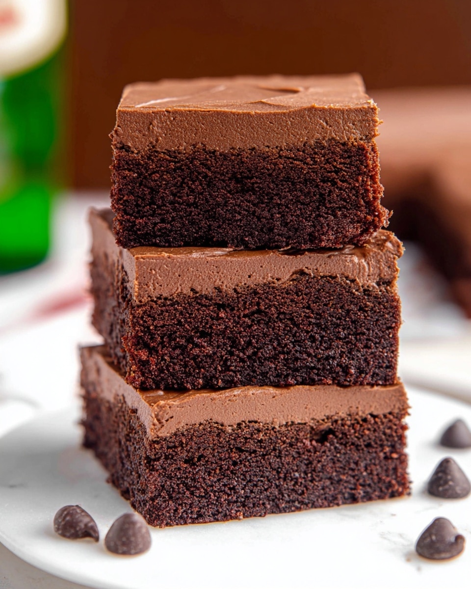 Three thick, square brownie pieces are stacked on top of each other on a white plate. Each brownie has two layers: a bottom layer that is dense and dark brown with a crumbly texture, and a top layer that is a smooth, glossy chocolate frosting in a slightly lighter brown color. The edges are sharp and clean, showing the clear division between the cake and frosting. Small round chocolate chips are scattered around the plate on a white marbled surface, and a bright green cloth is slightly visible in the bottom left corner. The background is blurred with warm orange and brown tones. Photo taken with an iphone --ar 4:5 --v 7