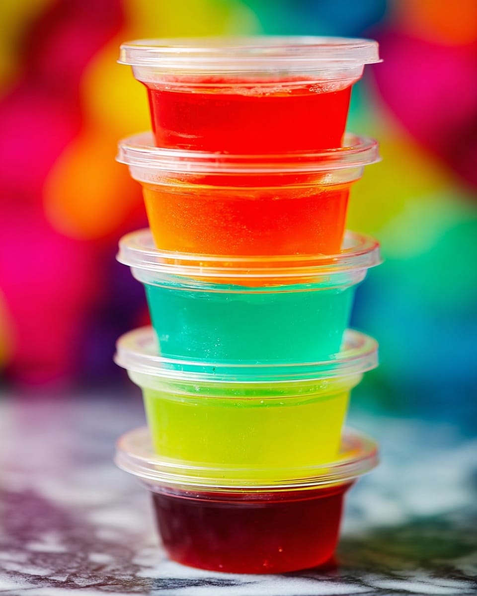 A close-up image of a stack of six small, clear plastic containers filled with brightly colored gelatin. Each container is sealed with a clear lid. From top to bottom, the gelatin layers are vibrant blue, bright green, yellow, orange, red, and dark red. The stack stands on a white marbled surface, with a soft blurred background of pastel colors. The texture of each gelatin layer is smooth and shiny, showing a slight translucent quality. Photo taken with an iphone --ar 4:5 --v 7