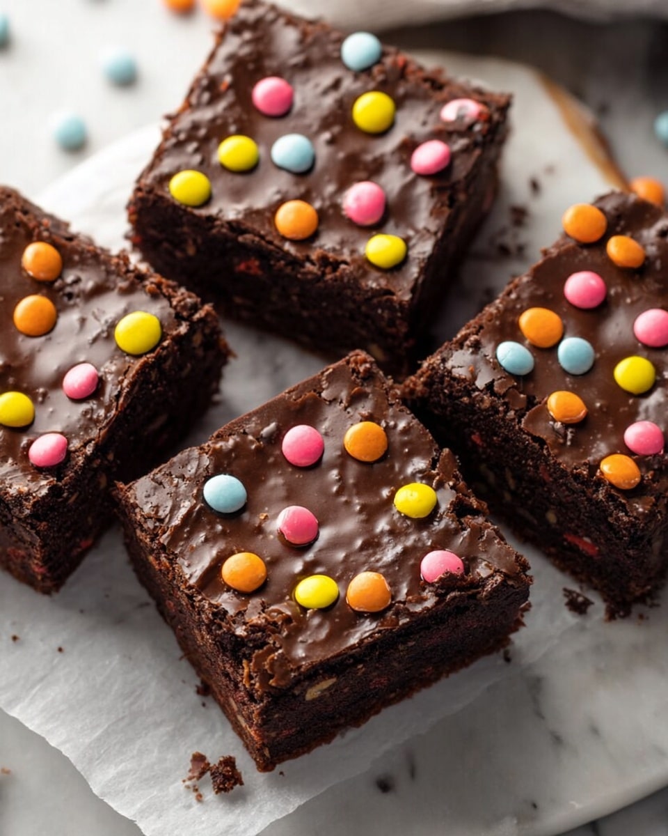 Four square chocolate brownies sit closely together on white parchment paper resting on a wooden surface. Each brownie has two visible layers: a dense, dark brown bottom layer with a moist and slightly crumbly texture, and a smooth, glossy layer of chocolate frosting on top. The frosting is decorated with small, round candy pieces in bright yellow, orange, pink, and a single blue dot on one brownie. The edges of the brownies are straight but slightly rough from cutting. Photo taken with an iphone --ar 4:5 --v 7
