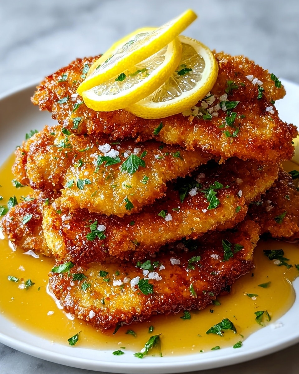 The image shows a stack of golden brown breaded chicken cutlets arranged in layers on a white plate. The top layer features three pieces, glistening with a light sheen of sauce and dotted with coarse salt and finely chopped green herbs. Two thin lemon slices rest on the highest piece, adding a bright yellow contrast. The cutlets beneath peek out from under the top, showing their crunchy texture and juicy look. The plate sits on a white marbled surface with some sauce pooling around the edges. photo taken with an iphone --ar 4:5 --v 7
