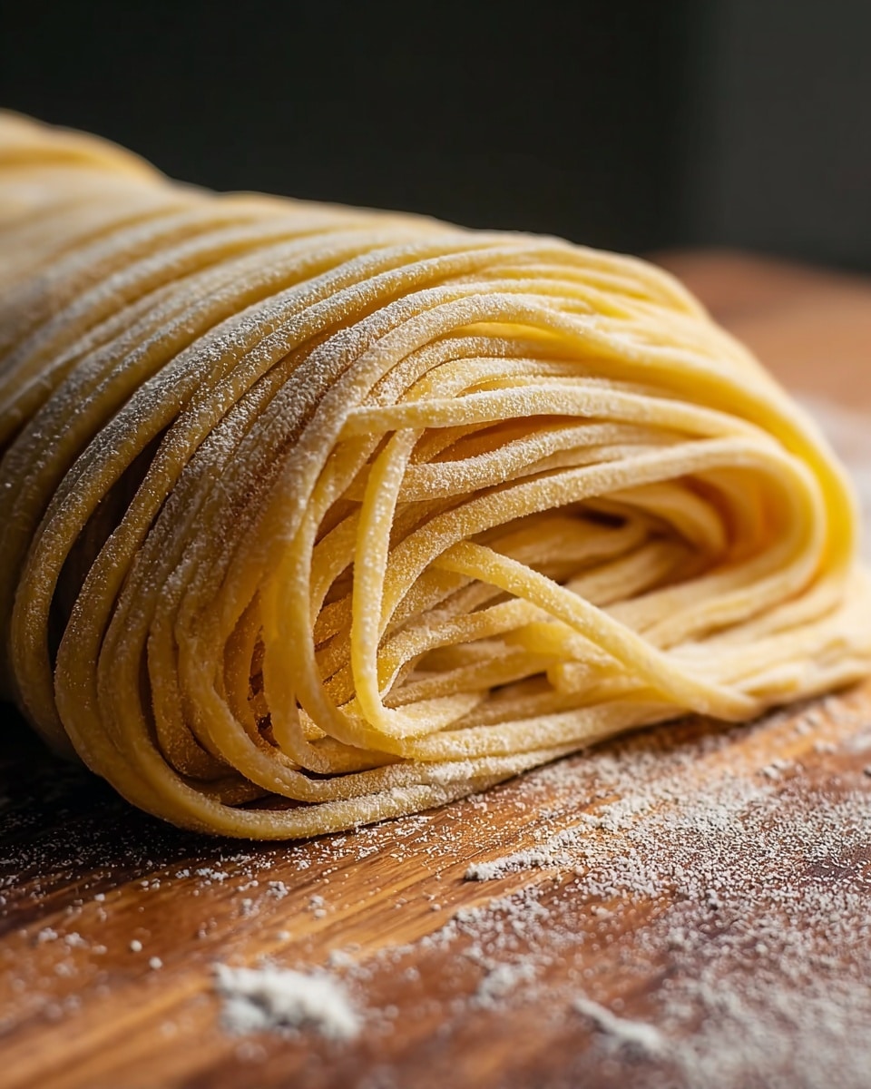 A close-up view of a bundle of fresh, uncooked pasta noodles neatly folded into multiple even layers, with a light golden-yellow color and a slightly rough texture dusted with white flour. The pasta rests on a wooden surface sprinkled with flour, highlighting the soft curves and thin strands of the noodles. The background fades softly into a dark, blurry gradient. photo taken with an iphone --ar 4:5 --v 7