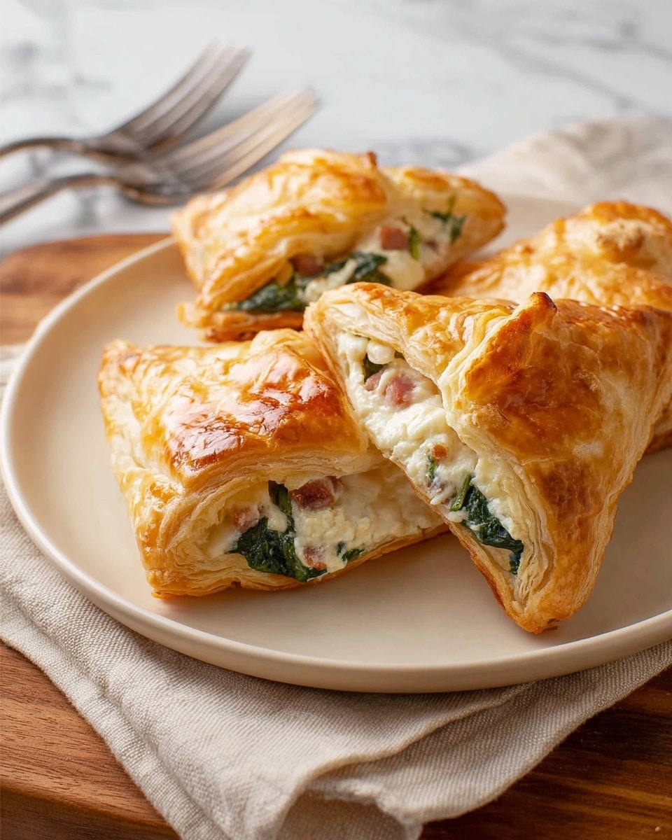 The image shows several golden-brown puff pastry squares on a round white plate, each with a folded-over edge creating a rustic, puffy border. Inside each pastry square, there is a creamy mixture visible with light green spinach leaves and small bits of pink ham or bacon, giving a mix of green, pink, and white in the center. The texture of the puff pastry is flaky and crisp with some darker browned spots from baking. The plate is set on a white marbled surface, with a beige cloth and silver fork nearby. Photo taken with an iphone --ar 4:5 --v 7