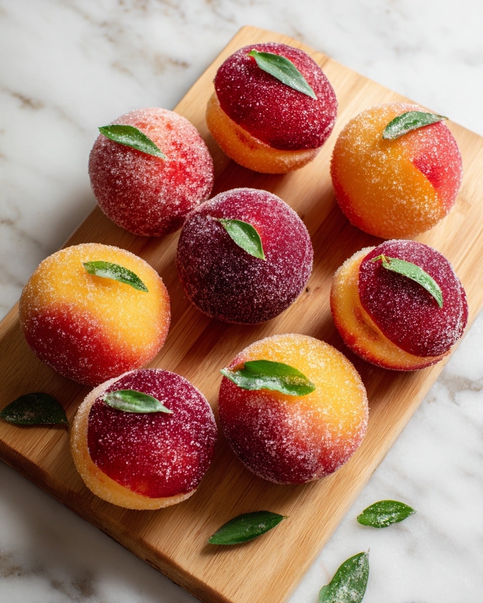 The image shows six peach-shaped desserts placed on a light wooden slatted tray resting on a white marbled texture surface. Each dessert has two smooth rounded halves with a sugar-coated texture, blending orange and deep red colors to imitate the skin of a peach. They are separated slightly in the middle to give a natural peach shape. Small bright green leaves are placed on top of each dessert, enhancing the fruit-like appearance. The white marbled background includes scattered dark green leaves, adding contrast and a fresh feel to the image. photo taken with an iphone --ar 4:5 --v 7