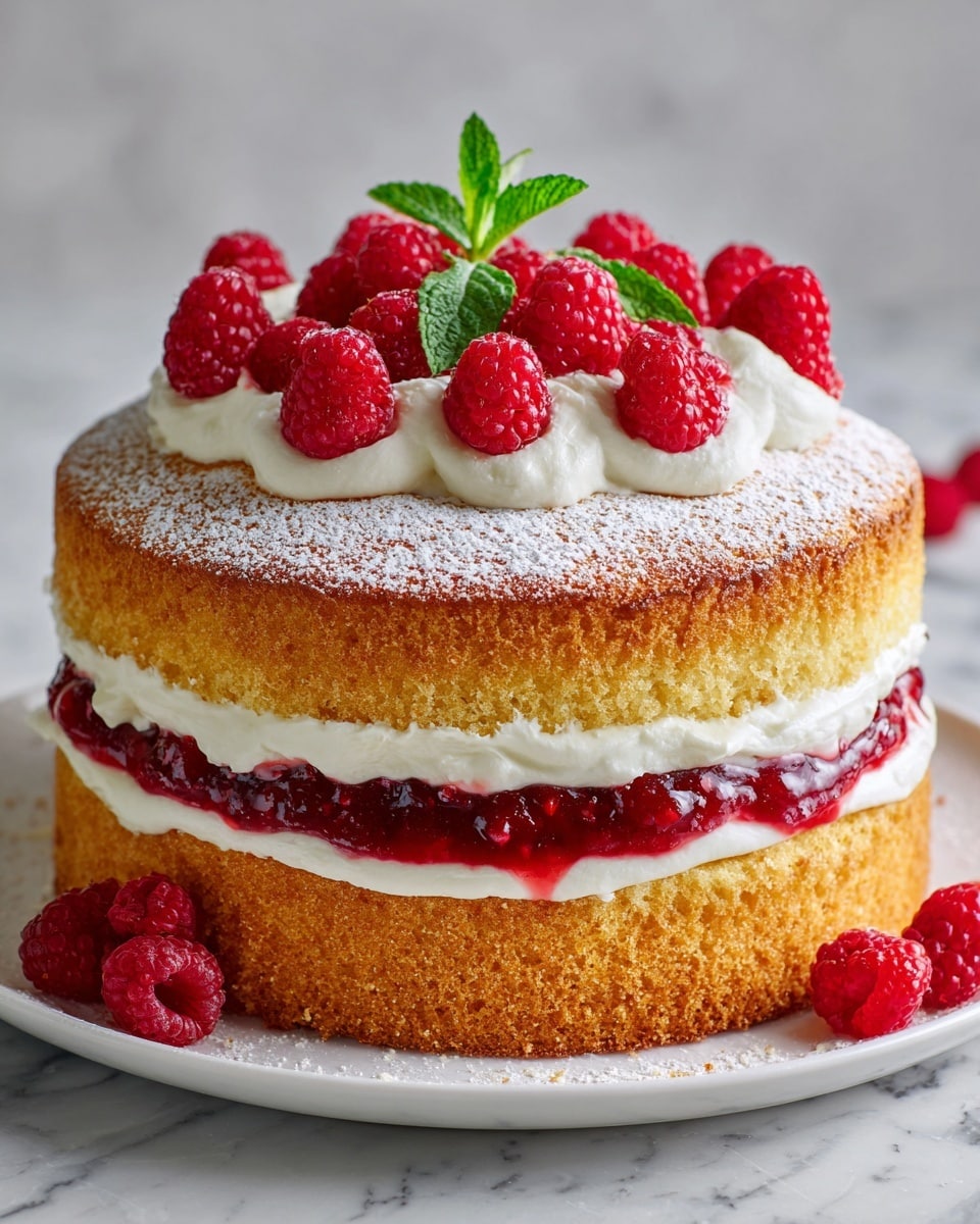 A round cake with three main layers is shown on a white plate. The bottom and top layers are light golden sponge cake with a rough texture, covered with white whipped cream all around. The middle layer has a vivid red raspberry filling mixed with white cream, creating a soft and juicy contrast. On top of the cake, there is a pile of fresh red raspberries garnished with a small green mint leaf. Powdered sugar is sprinkled lightly on the cake's edges and some raspberries sit beside the cake on the plate. The background shows a soft pink cloth and a blurred white marbled surface. Photo taken with an iphone --ar 4:5 --v 7
