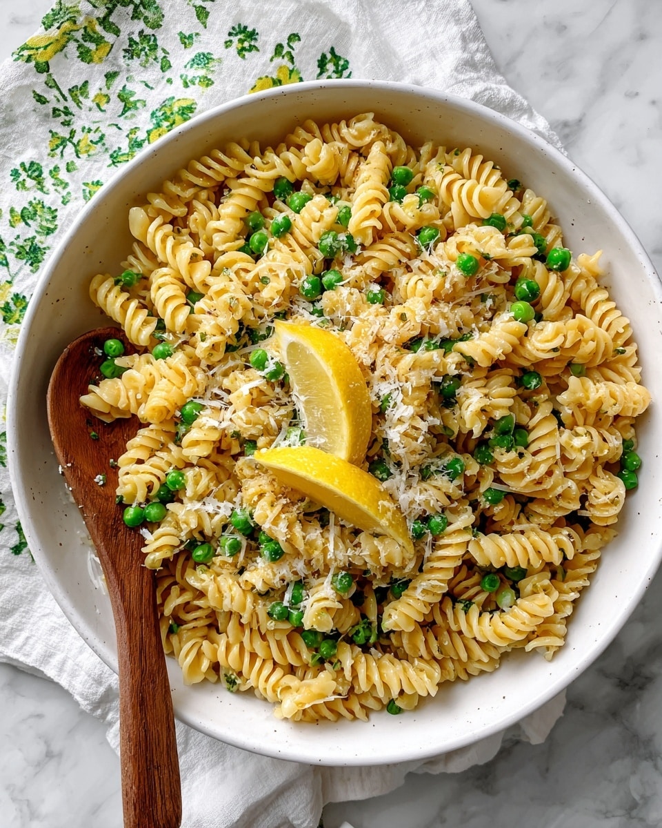 A large bowl filled with twisted pasta spirals mixed evenly with small bright green peas, topped with finely grated cheese and sprinkled with black pepper. Two lemon wedges rest on top near the center, adding a touch of yellow brightness. A wooden spoon is partially placed inside the bowl on the left side, resting on the pasta. The bowl is white with a subtle textured look, set on a white marbled surface, and a cloth with green decorative patterns is seen in the top left corner. photo taken with an iphone --ar 4:5 --v 7