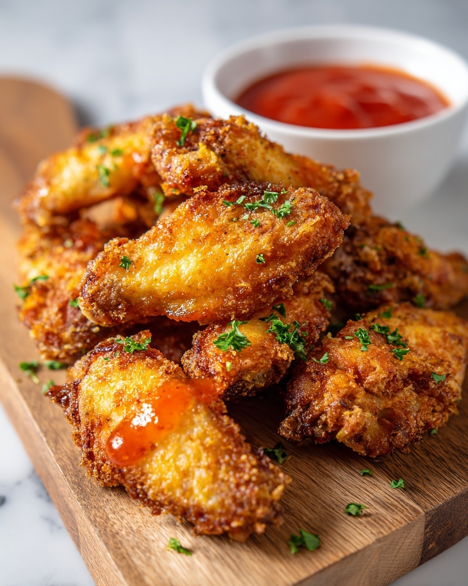 A wooden board on a white marbled surface holds a pile of golden fried chicken wings with a crispy texture. The wings show a rough, crunchy coating in warm orange and brown shades, some with glistening spots of sauce. Small green parsley leaves are scattered around the wings and on the board, adding a fresh touch. Behind the board, there is a small white bowl filled with bright reddish-orange dipping sauce. photo taken with an iphone --ar 4:5 --v 7