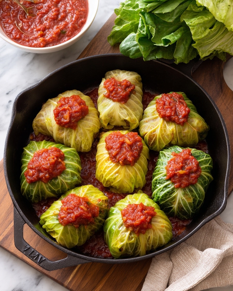 A white cast iron pan is filled with seven cabbage rolls placed on a thick, rich red tomato sauce that covers the bottom. Each roll is wrapped in either a bright green cabbage leaf or a leaf softened and soaked with tomato sauce, giving it a reddish tint; the rolls are plump, showing some brownish cooked filling peeking from open ends. The white leaf veins add texture and details, contrasting with the smooth tomato topping and sauce. The pan is on a light wood board, with fresh green lettuce leaves and a white bowl of thick tomato sauce in the background on a white marbled surface. A gray cloth is softly draped beside the pan. Photo taken with an iphone --ar 4:5 --v 7
