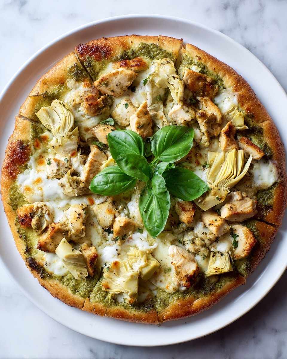 A round pizza with a thick, golden-brown crust sits on a white plate against a white marbled texture. The first layer is a rich green pesto sauce spread evenly on the base. On top, there is a melted white cheese layer, slightly bubbly and creamy. Scattered across the pizza are chunks of light brown grilled chicken and pale yellow artichoke hearts, both with a slight roasted texture. Bright green fresh basil leaves are placed in the center and a few smaller leaves around, adding a fresh contrast. The pizza looks warm and appetizing with a mix of soft and crispy textures. Photo taken with an iphone --ar 4:5 --v 7