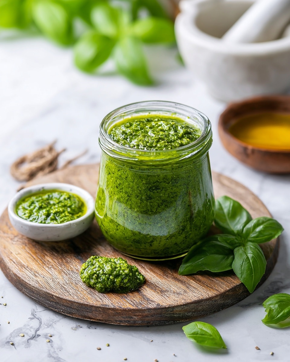 A clear glass jar filled to the top with vibrant green pesto sauce, with a thick and slightly coarse texture, sits in the center on a natural wooden cutting board. To the left, a small white bowl holds more green pesto, smooth and creamy. Fresh green basil leaves rest on the right side of the board, bright and glossy with visible veins. In the background, a white mortar with some green paste and a light wooden pestle, along with a light brown bowl filled with yellow oil, are slightly out of focus atop a white marbled surface. A small dollop of pesto spills onto the cutting board in front of the jar, adding a casual touch. The photo taken with an iphone --ar 4:5 --v 7