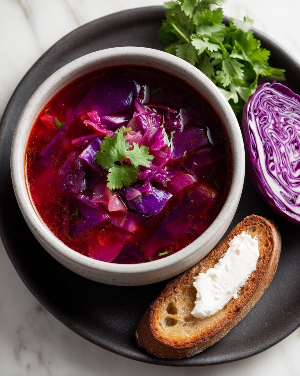 A white bowl filled with bright purple cabbage soup sits in the center, with chopped cabbage pieces floating on top in a thick, deep magenta broth. A single green leaf garnish rests in the middle of the soup. The bowl is placed on a dark round plate, which also holds a slice of toasted golden bread with a dollop of butter on the side. Surrounding the main bowl are fresh green parsley leaves in the bottom right corner and a white bowl filled with more purple cabbage soup on the right. Additional raw, chopped purple cabbage is visible in a white bowl at the bottom left corner, all set on a white marbled surface. Photo taken with an iphone --ar 4:5 --v 7