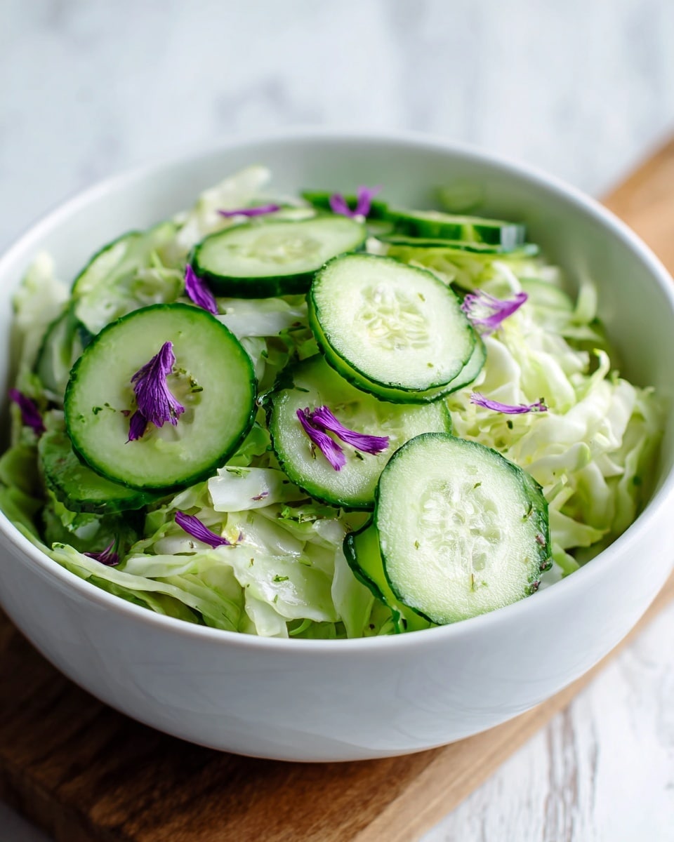 A white bowl filled with a fresh salad, layered mainly with thinly sliced cucumbers showing a bright green skin and pale green inside, and shredded pale green cabbage. Scattered on top are small pieces of thin purple onion slices, adding a slight contrast in color. The salad has a light, crisp texture with a mix of round cucumber slices and curly cabbage strands. The bowl is placed on a wooden surface with a white marbled texture background partly visible, along with a gray and white striped cloth near the bowl. Photo taken with an iphone --ar 4:5 --v 7