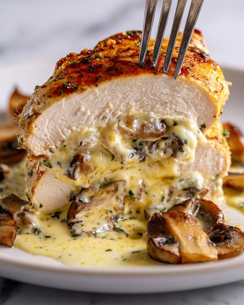 The image shows two layers of cooked chicken breasts stacked on top of each other. The top layer is a golden brown, slightly shiny chicken breast with visible seasoning and grill marks, pierced by a fork. Between the two chicken breasts, there is a thick, melted layer of white cheese with a creamy texture, mixed with small pieces of sautéed brown mushrooms and some green herbs. The bottom chicken breast looks tender and juicy with a light golden sear. All of this sits in a creamy light beige sauce with green herbs in a metal pan, resting on a white marbled surface. photo taken with an iphone --ar 4:5 --v 7