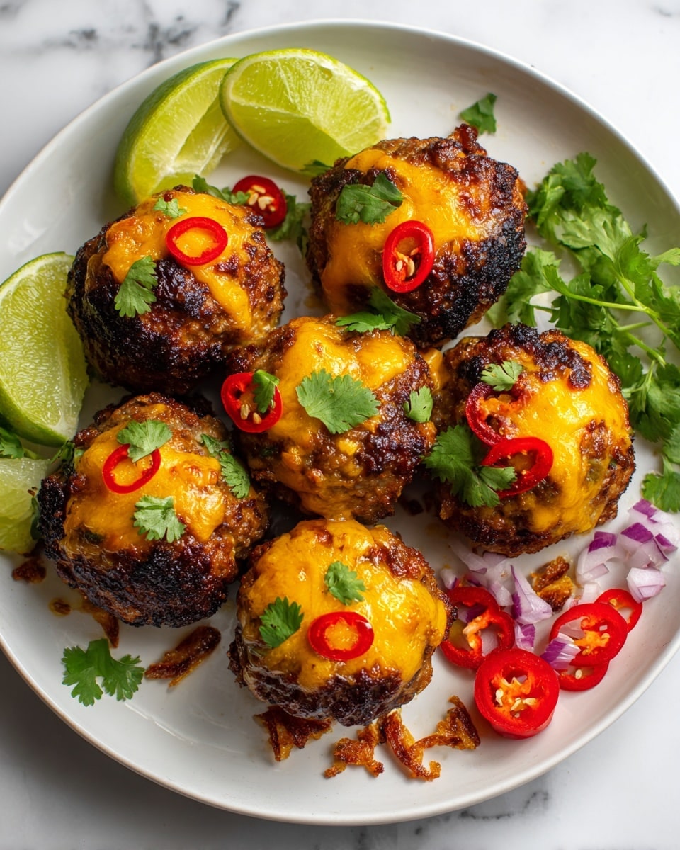 The image shows six dark brown, crispy meatballs arranged closely on a round white plate. Each meatball is topped with a melted golden cheese layer, sprinkled with green cilantro leaves, and red chili slices. Around the meatballs are bright green lime wedges and scattered small pieces of red onion, chopped cilantro, and crunchy golden bits. The whole dish is on a white marbled surface. Photo taken with an iphone --ar 4:5 --v 7