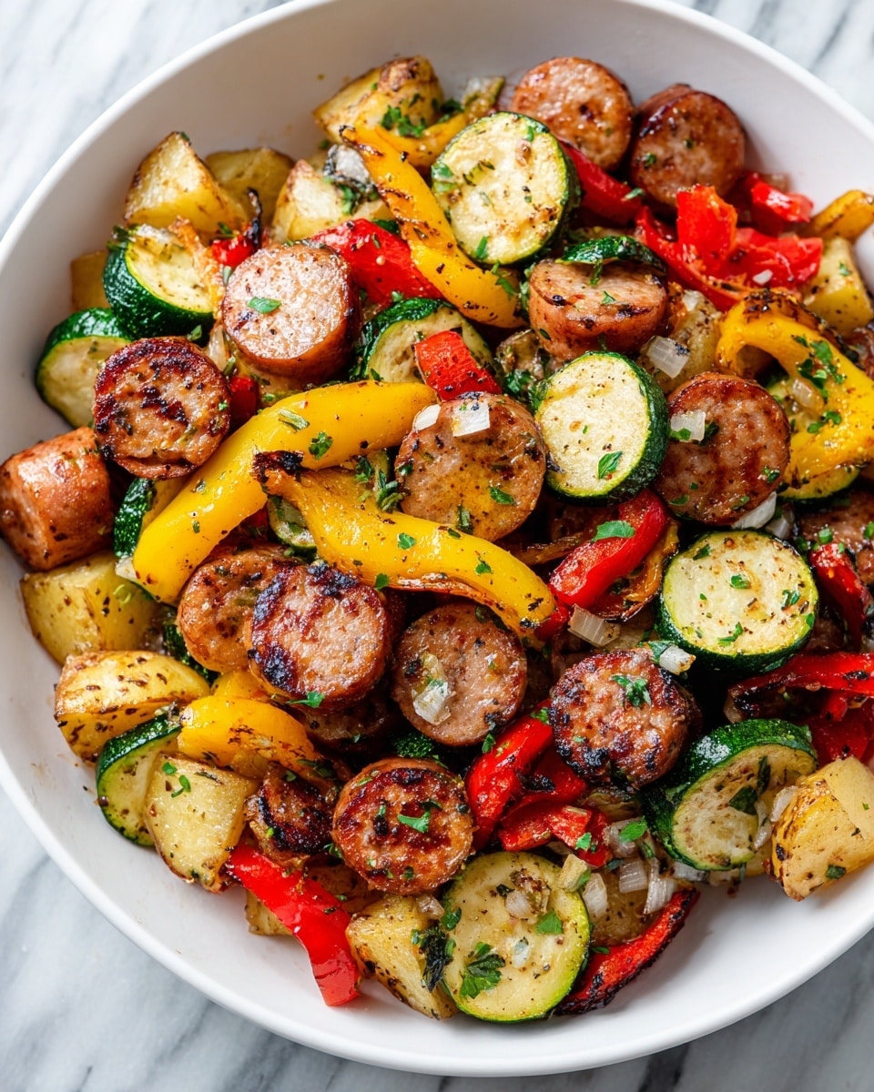 A black bowl filled with a colorful mix of cooked sausage slices and vegetables sits on a wooden surface. The dish has roughly three layers: the base layer is made up of glossy, browned yellow potatoes with a slightly crispy texture, followed by a layer of grilled, browned sausage slices with visible spices on the surface, and scattered among them are chunks of sautéed green zucchini, yellow and orange bell peppers, and some roasted onions that add to the rich mix. The vegetables and sausages are mixed evenly, with the herbs and seasoning lightly sprinkled on top, creating a rustic and hearty look. photo taken with an iphone --ar 4:5 --v 7