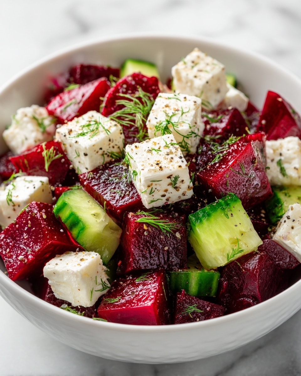 A white bowl filled with a salad made of deep red beet cubes as the bottom layer, topped with slices of bright green cucumber, scattered white feta cheese cubes, and sprinkled with fresh green dill on top. The textures show the juicy, slightly shiny beets, the smooth cucumber slices, and the crumbly feta cheese. The bowl is placed on a white marbled surface. Photo taken with an iphone --ar 4:5 --v 7