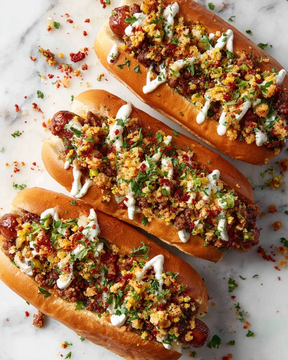 Four shiny, golden brown hot dog buns are laid out on a white marbled surface. Each bun is split open to reveal a dark filling that looks like meat or sauce. On top of this filling is a layer of bright red and yellow crumbly topping, scattered with small bits of fresh green herbs. White creamy drizzle is lightly spread over the crumb topping, blending with the colors and textures. Red crumbs and green herbs are scattered around the buns on the marbled surface, adding a casual, messy look. Photo taken with an iphone --ar 4:5 --v 7
