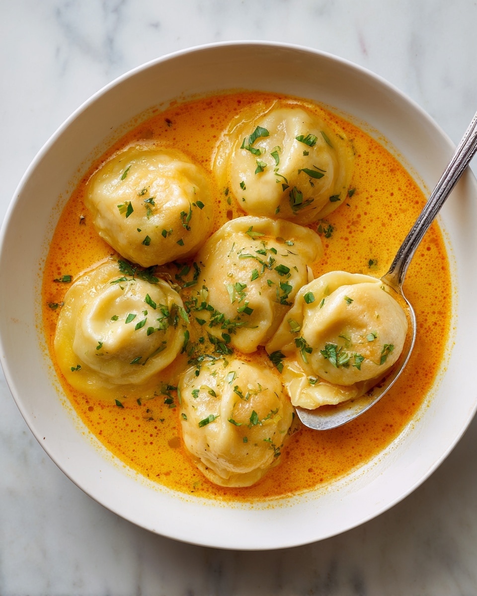 A white bowl filled with five large, soft pasta dumplings in a light orange creamy soup, each dumpling showing delicate folds and a smooth, slightly translucent pasta surface. The soup has a thin texture with a few small oil droplets shining on top. Small green chive pieces are sprinkled over the dumplings, adding a touch of color. A metal spoon on the right side lifts one dumpling just above the soup. The bowl sits on a white marbled texture surface. photo taken with an iphone --ar 4:5 --v 7