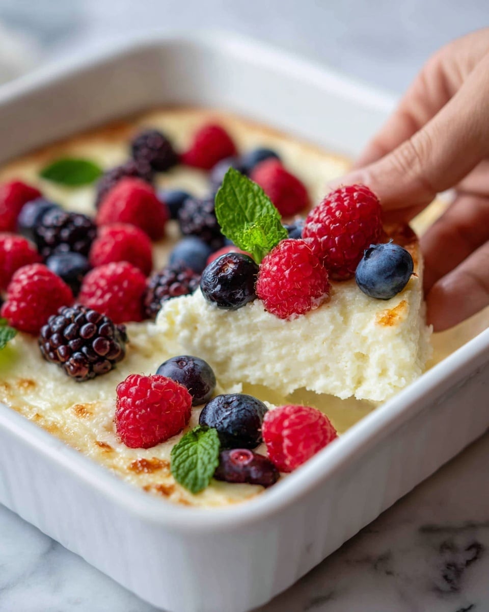 A square white ceramic baking dish contains a thick, creamy baked dessert cut into a large square piece. The dessert has two visible layers: a light, fluffy base that is pale yellow with small dark berry bits inside, and a golden brown slightly crispy top dotted with fresh red raspberries, dark blueberries, and bright red currants. Small bright green mint leaves are scattered on top, adding a fresh contrast. The white marbled surface underneath adds a clean and smooth background. Photo taken with an iphone --ar 4:5 --v 7