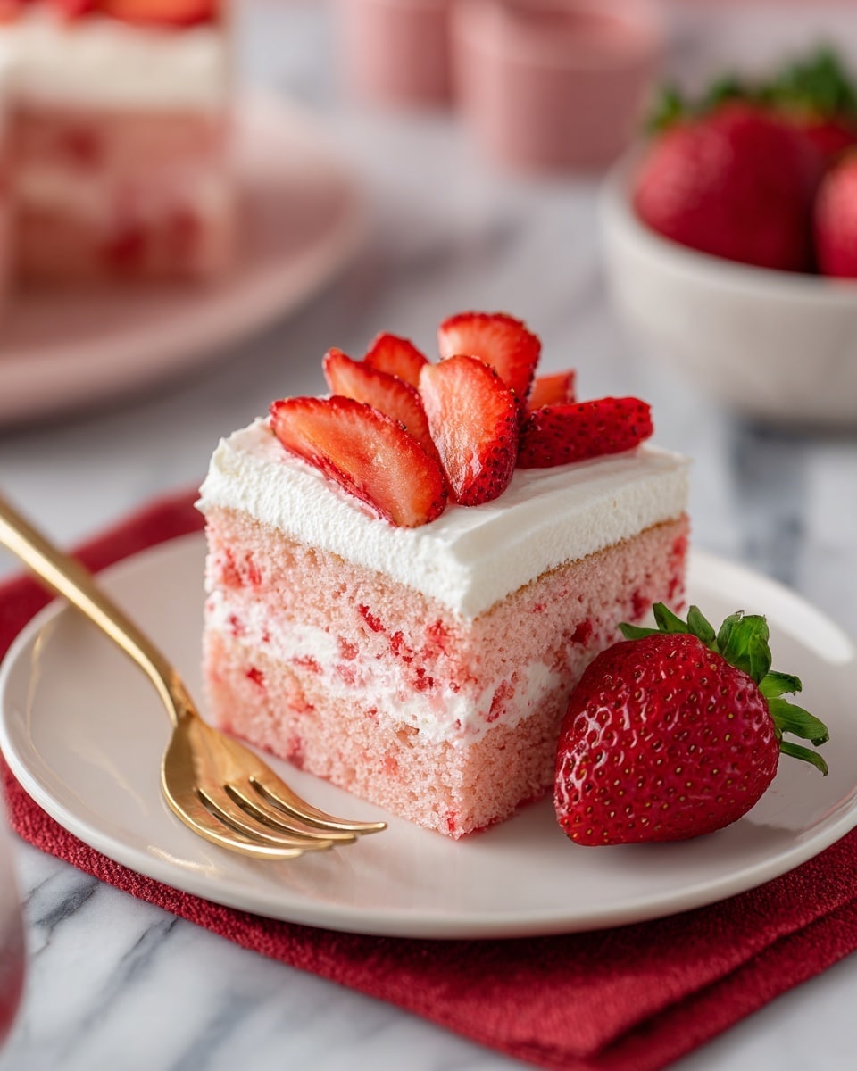 A single square slice of pink strawberry cake sits on a white plate, showing two layers: a bottom light pink sponge cake with bits of red strawberry inside and a thick top layer of white creamy frosting. On top, several thin slices of fresh red strawberries are arranged, and a whole fresh strawberry with green leaves rests beside the cake. A gold fork is placed next to the slice on the plate. The scene is set on a white marbled surface with a red cloth underneath the plate and blurred red strawberries and bowls in the background. Photo taken with an iphone --ar 4:5 --v 7