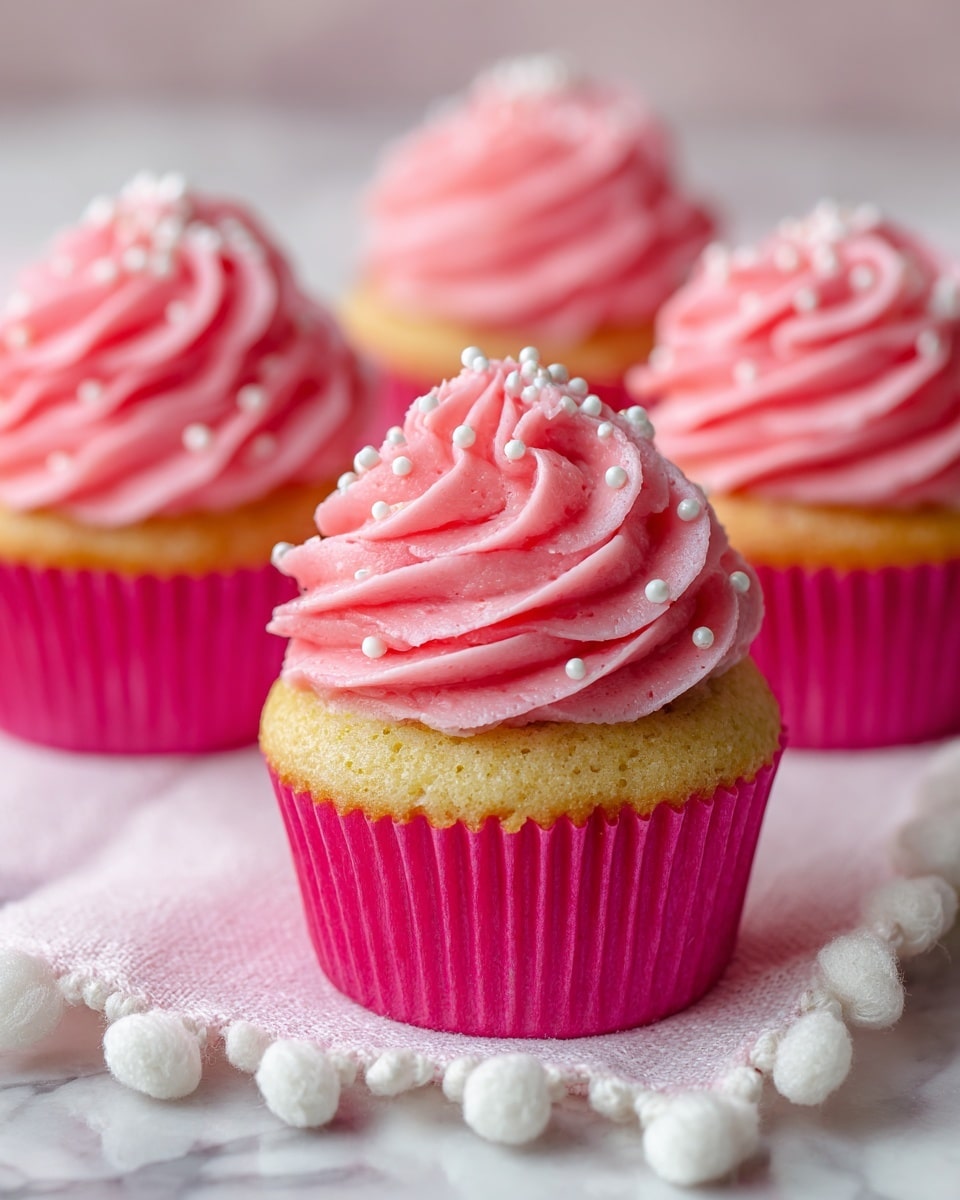 The image shows four cupcakes with three main layers: a bottom layer of light golden cake inside bright pink paper liners, a thick, swirling middle layer of smooth pink frosting with soft peaks, and small white pearl-like sprinkles scattered on top of the frosting for decoration. The cupcakes sit on a white cloth with pom-pom edges placed on a white marbled surface. The focus is on the closest cupcake, with the other three slightly blurred in the background, showing only part of their frosting and cake layers. photo taken with an iphone --ar 4:5 --v 7