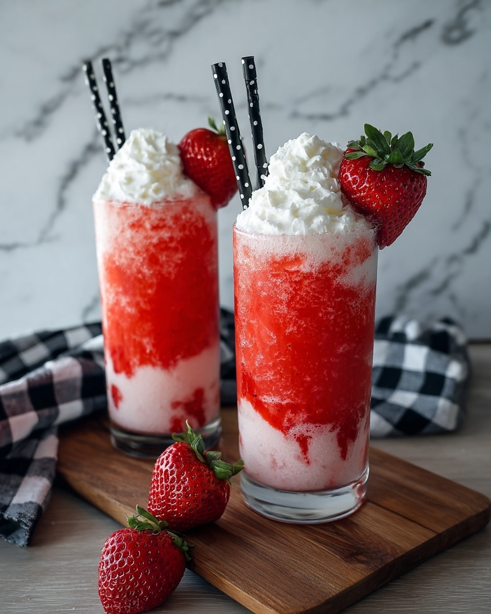 Two tall clear glasses filled with a three-layered strawberry drink resting on a white marbled surface. The bottom layer is a smooth light pink, the middle layer is a thick crushed ice bright red with a slightly grainy texture, and the top is a swirl of white whipped cream. Each glass is decorated with a half strawberry with green leaves on the edge and a black straw with large white polka dots standing tall inside. Fresh whole strawberries lie at the base of the glasses, with a black-and-white patterned cloth casually placed behind. Photo taken with an iphone --ar 4:5 --v 7