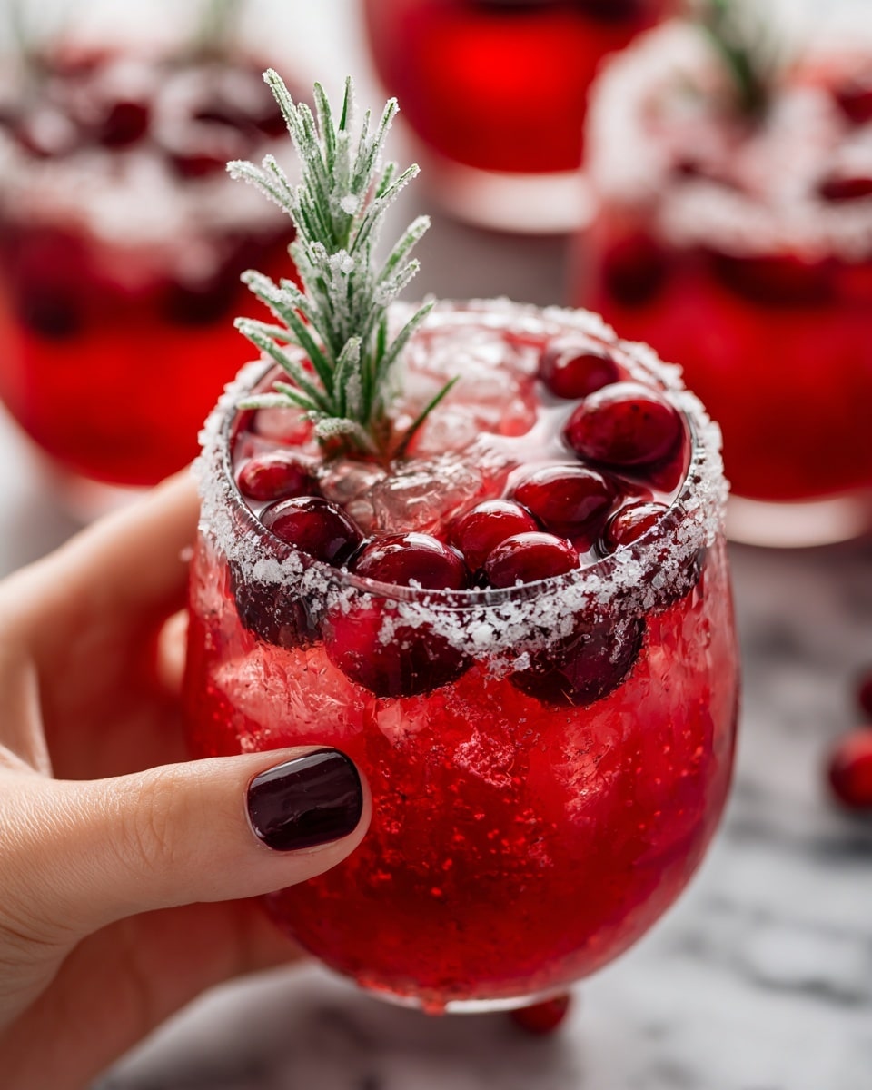 A close-up view of a clear glass filled with bright red drink showing a smooth texture with ice cubes inside. The glass rim is covered with a thick layer of white sugar crystals. On top of the drink, there are shiny red cranberries and a sprig of green rosemary, adding texture and color contrast. A woman's hand with dark red nail polish is holding the glass from the side. The background shows more glasses of the same drink out of focus, all placed on a white marbled surface. Photo taken with an iphone --ar 4:5 --v 7