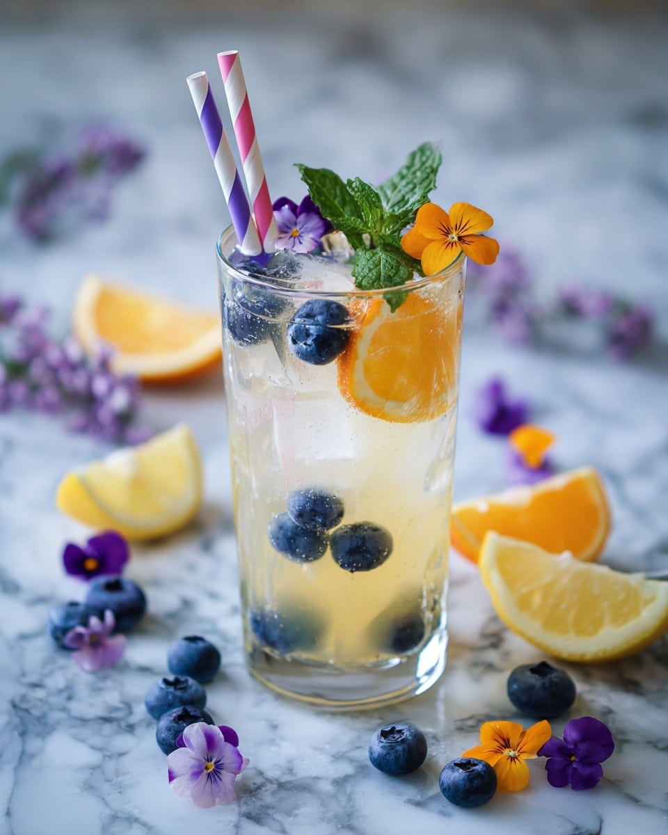 A clear glass filled with a light yellow drink contains ice cubes floating inside. The drink is decorated with green mint leaves, small bright orange and purple edible flowers, and a few scattered dark blue blueberries. Two colorful striped straws, one with pink and blue stripes and the other with blue and purple stripes, are placed in the glass. Around the glass, there are lemon slices and blueberries resting on a white marbled surface, along with some pink and purple flowers for decoration. Photo taken with an iphone --ar 4:5 --v 7