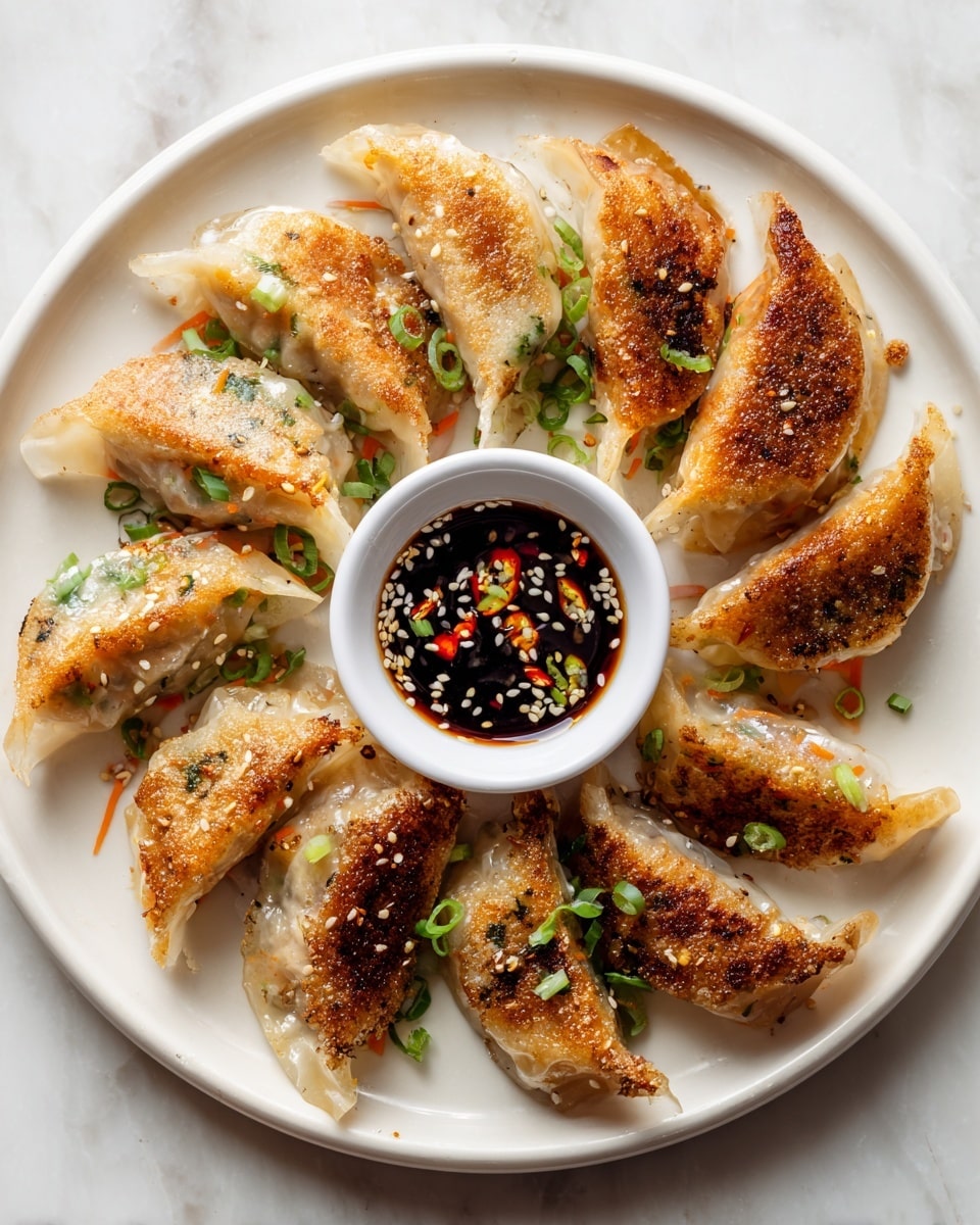 A white round plate holds nine crispy, golden-brown pan-fried dumplings arranged in a circle around a small white bowl filled with dark soy dipping sauce garnished with sesame seeds and chopped green onions. The dumplings have a translucent outer layer showing bits of orange carrot and green herbs inside, with a shiny, slightly oily texture on the browned side facing up. Small pieces of chopped green onion are scattered on and around the dumplings, all placed on a white marbled surface. Photo taken with an iphone --ar 4:5 --v 7
