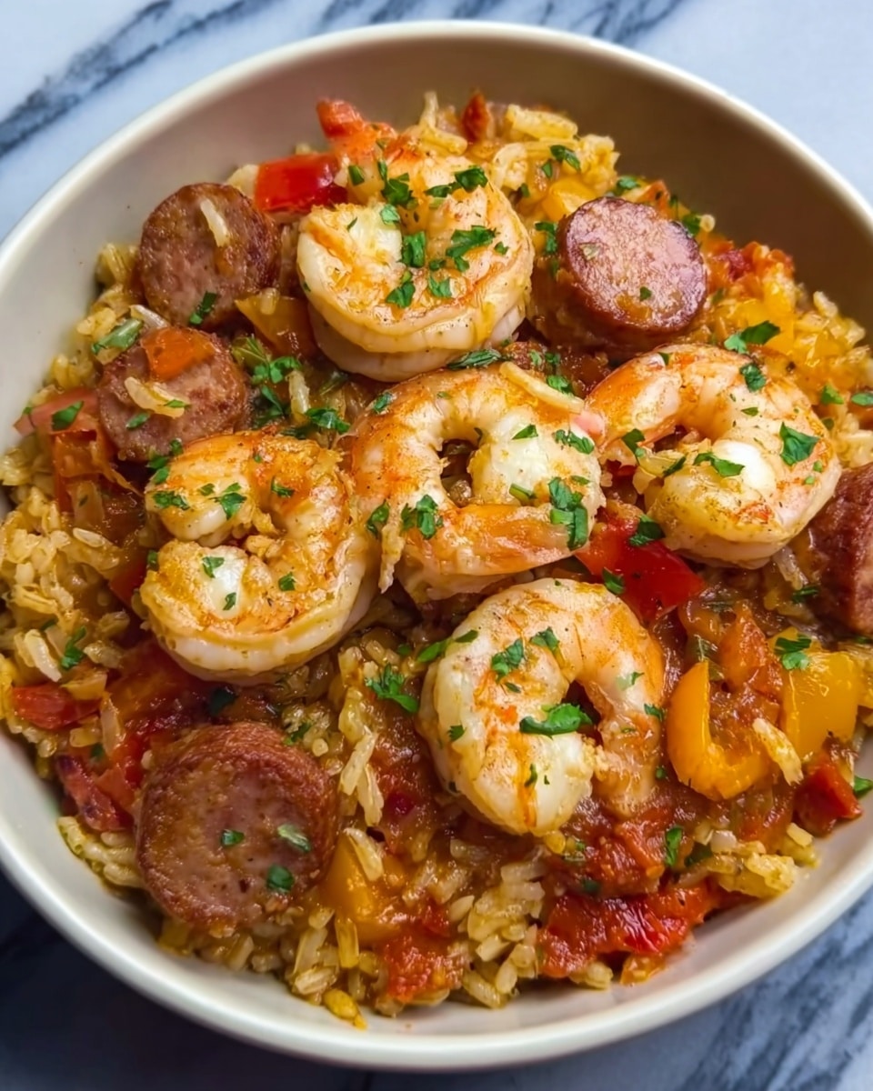 A white bowl filled with a rich dish layered with yellow-orange rice at the bottom, topped with plump shrimp that have pink and white shells, browned sausage slices, and pieces of chicken with a golden-brown color. Mixed among the ingredients are small chunks of orange bell pepper and green herb sprinkles that add contrast. The texture of the dish appears moist and slightly glossy, showing a mix of tender meat and juicy seafood. The contents fill the bowl generously, with a close focus on the mix of colors and textures. Photo taken with an iphone --ar 4:5 --v 7