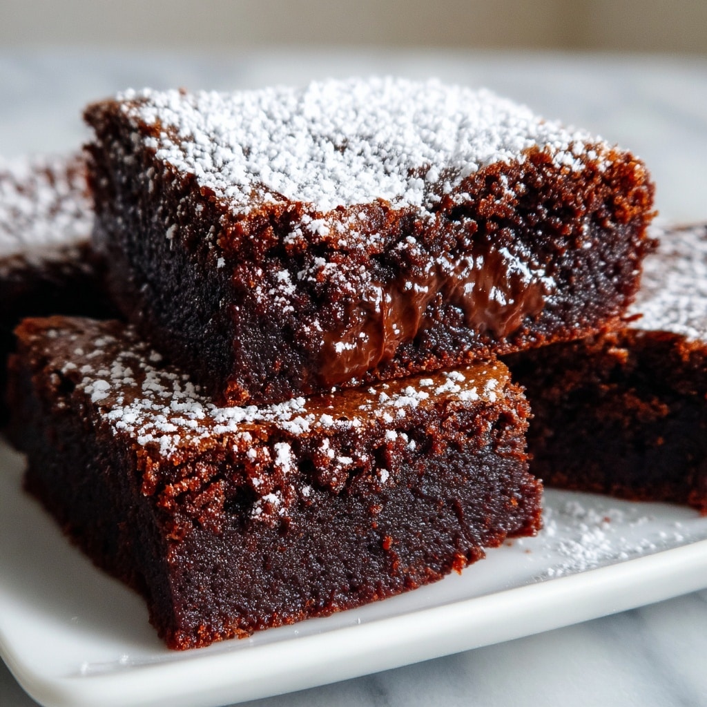 A close-up of a rich, moist chocolate brownie cut into squares and placed on a white plate. The brownie shows a dense, dark brown crumb with a glossy, gooey chocolate layer inside. On top, there is a light dusting of powdered sugar that contrasts with the deep chocolate color. The white marbled surface beneath the plate adds brightness to the image. photo taken with an iphone --ar 4:5 --v 7