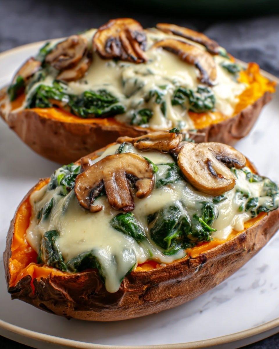 The image shows two baked stuffed sweet potato halves placed side by side on a white plate. Each half is filled with a creamy layer of cooked spinach mixed with plenty of sautéed brown mushrooms on top. A smooth, melted white cheese layer covers the spinach and mushrooms, slightly golden and bubbly. The sweet potato skin is brown and wrinkled, holding the vibrant orange flesh that contrasts with the green spinach and creamy white cheese. The plate sits on a white marbled surface, creating a clean and bright background. photo taken with an iphone --ar 4:5 --v 7