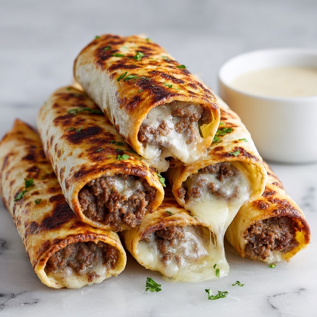 The image shows a close-up view of six rolled tortillas filled with cooked ground beef and melted cheese. The tortillas are golden brown and slightly crispy on the outside with some dark spots from cooking. The beef inside is crumbly and brown, mixed smoothly with gooey, melted white cheese that stretches out a bit from the ends of the rolls. Some green herbs are sprinkled lightly on top for color. The rolled tortillas are stacked in two layers, three on the bottom and three resting on top. A small white bowl with a light-colored sauce is visible in the background on a white marbled surface. Photo taken with an iphone --ar 4:5 --v 7