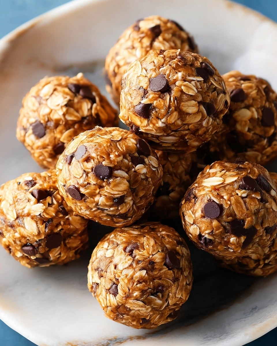 A close-up view of round, bite-sized energy balls made of oats and chocolate chips, arranged closely together on a white plate with a blue tint. The balls have a rough texture from the oats and are speckled with small dark brown chocolate chips, giving a mix of light brown and dark brown colors. The background is a white marbled surface that enhances the colors of the snacks, showing the dense and chewy texture clearly. photo taken with an iphone --ar 4:5 --v 7