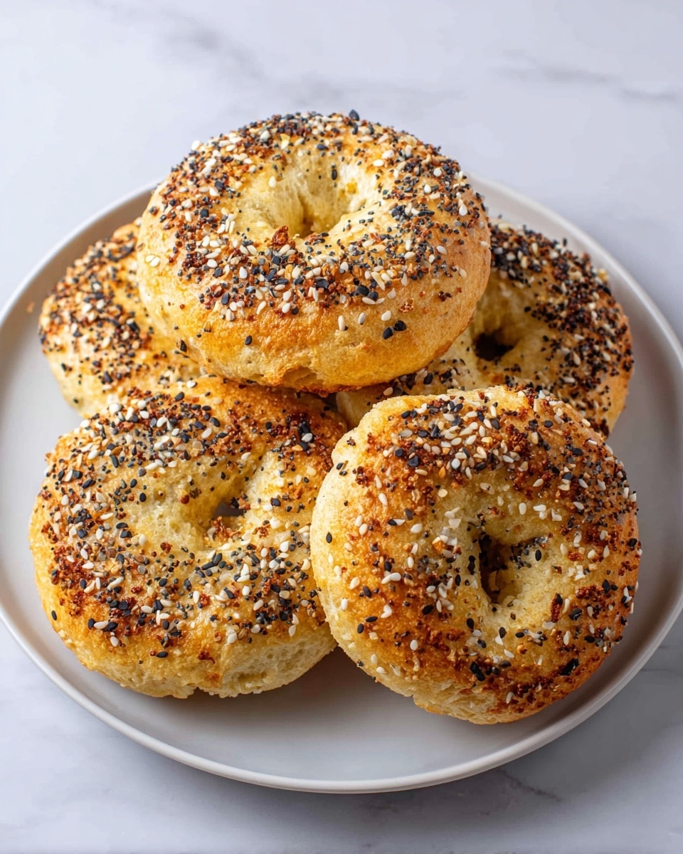 Four round bagels with a hole in the middle are stacked on a white plate. Each bagel has a golden-brown top crust with a rough texture and is generously covered with a mix of sesame seeds, black seeds, and small white flakes. The bagels look soft inside with a slightly cracked surface, showing their fresh and baked quality. The plate is placed on a white marbled texture background. photo taken with an iphone --ar 4:5 --v 7