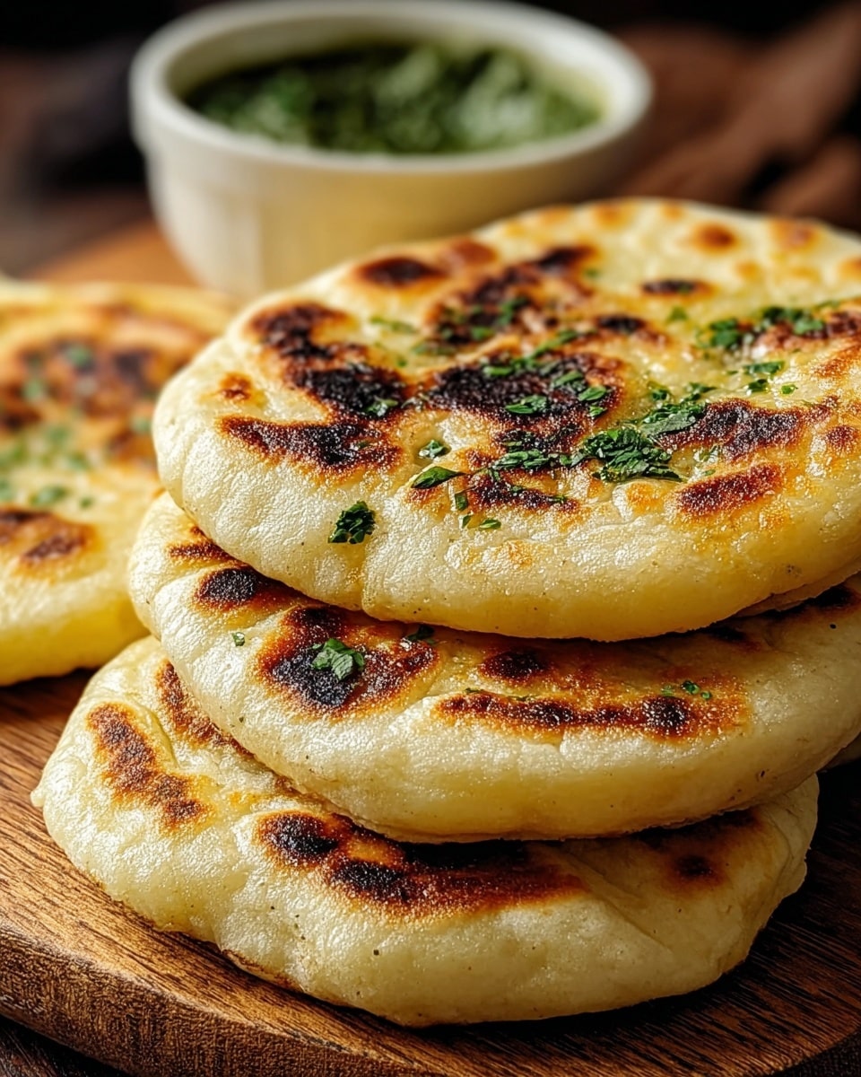 The image shows a close-up of four flatbreads stacked on top of each other on a wooden board. Each flatbread has a golden-brown color with darker grilled marks and slight charring, giving them a crispy texture. Small green herb pieces are sprinkled on the top flatbread, adding a fresh look. In the background, there is a white bowl filled with a green sauce or dip, slightly blurred. The setting has a warm, rustic feel with the focus on the textured surface of the flatbreads. Photo taken with an iphone --ar 4:5 --v 7