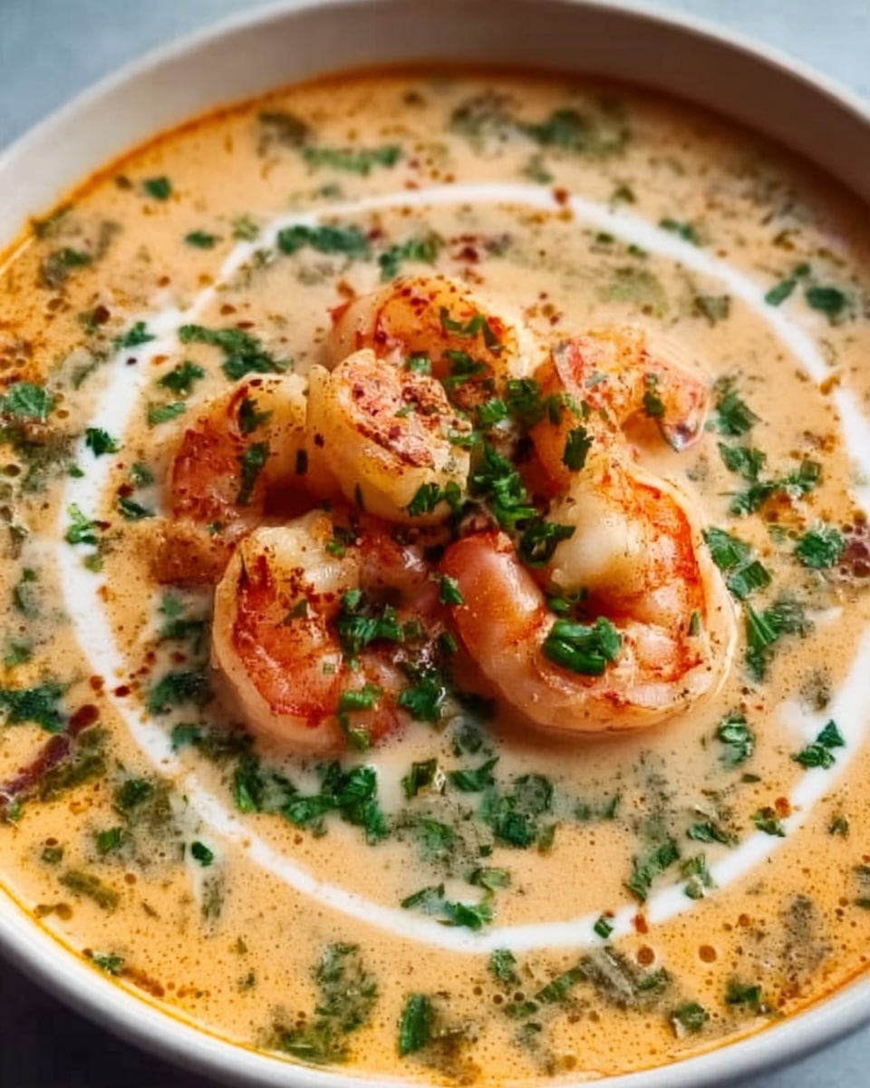 The image shows a white bowl filled with a creamy, light orange soup that has a smooth texture. On the surface of the soup, there are several shrimp arranged in the center, their color a bright pinkish-orange with a slightly glossy look. The soup is garnished with finely chopped green herbs scattered all over, adding a fresh touch. Some small red spices are sprinkled lightly across the top, giving a subtle contrast to the creamy base. The bowl sits on a white marbled surface. Photo taken with an iphone --ar 4:5 --v 7