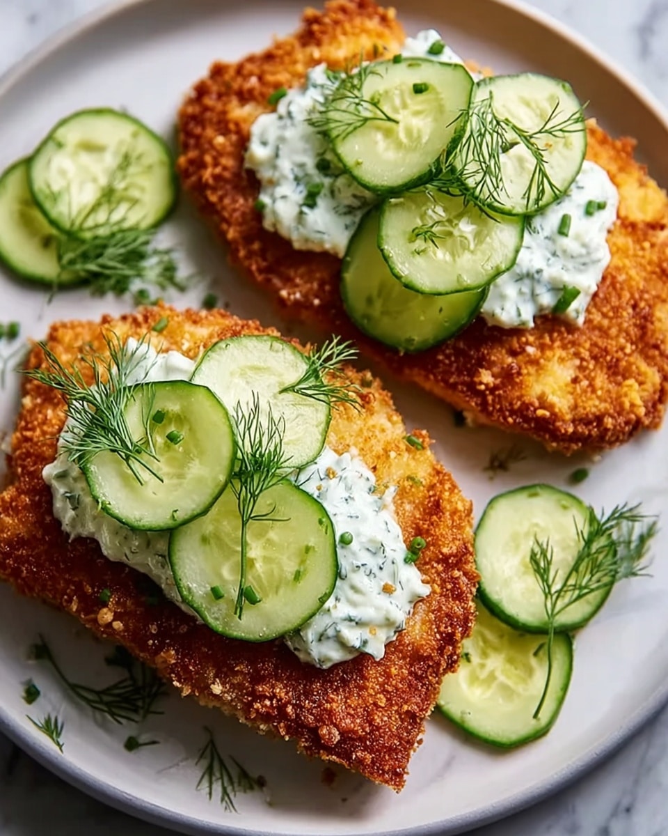 Two pieces of golden brown, crispy fried chicken cutlets lie on a white plate, each topped with a creamy white dollop of herb-speckled sauce. Fresh, thinly sliced green cucumber rounds are artfully placed on top of the sauce, along with small sprigs of fresh green dill. Additional cucumber slices and dill sprigs are scattered around the plate, which rests on a white marbled surface. The overall look is fresh, textured, and colorful. photo taken with an iphone --ar 4:5 --v 7