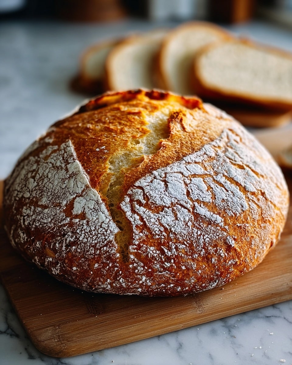 A round loaf of bread with a thick, golden-brown crust sits on a wooden board. The top has a rough texture with white flour dusted unevenly, creating a cracked pattern. The bread's surface shows deep, jagged cuts revealing a lighter, airy inside crumb. In the background, several slices of the same bread rest partially blurred. The whole scene is set on a white marbled surface, with soft natural light highlighting the bread's crusty texture and warm tones. photo taken with an iphone --ar 4:5 --v 7