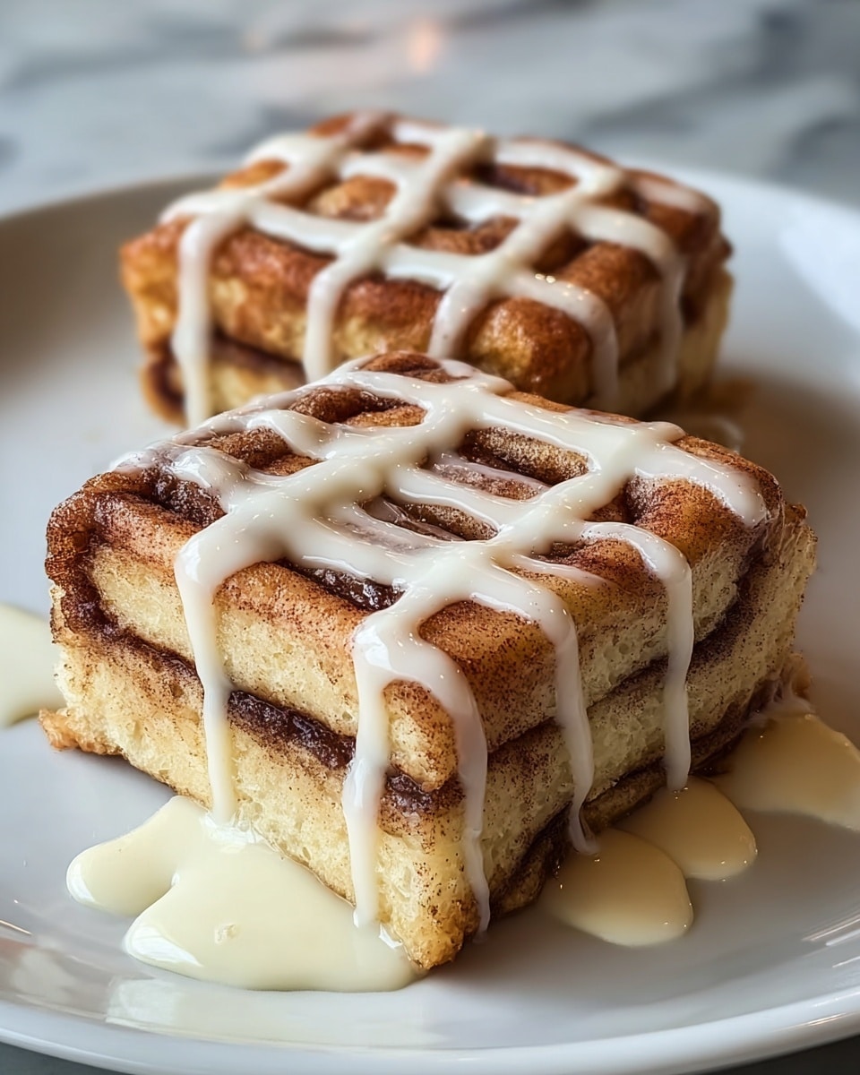 Two thick square pieces of cinnamon roll are placed side by side on a white plate. Each piece shows three visible layers of soft, shiny dough swirled with dark cinnamon filling. The top layer is golden brown with a light dusting of cinnamon powder and is drizzled with creamy white icing in a zigzag pattern. A few drops of icing have pooled around the base of the rolls. The plate rests on a white marbled textured surface. photo taken with an iphone --ar 4:5 --v 7