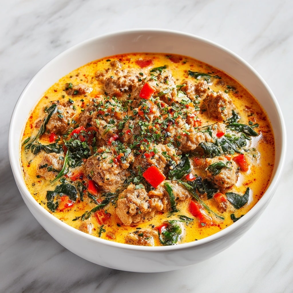 The image shows a close-up view of a ground turkey bowl with two sections: the top half in a white bowl and the bottom half in a white plate. The dish consists of cooked ground turkey pieces mixed with vibrant red and green vegetables, including spinach leaves and small chunks of red bell pepper. The mixture is coated in a rich, slightly thick orange sauce. The meat looks tender and moist with a sprinkle of finely chopped green herbs on top, adding freshness. The turkey and vegetables create a colorful contrast with the white bowl and plate, all set against a white marbled textured background. Photo taken with an iphone --ar 4:5 --v 7