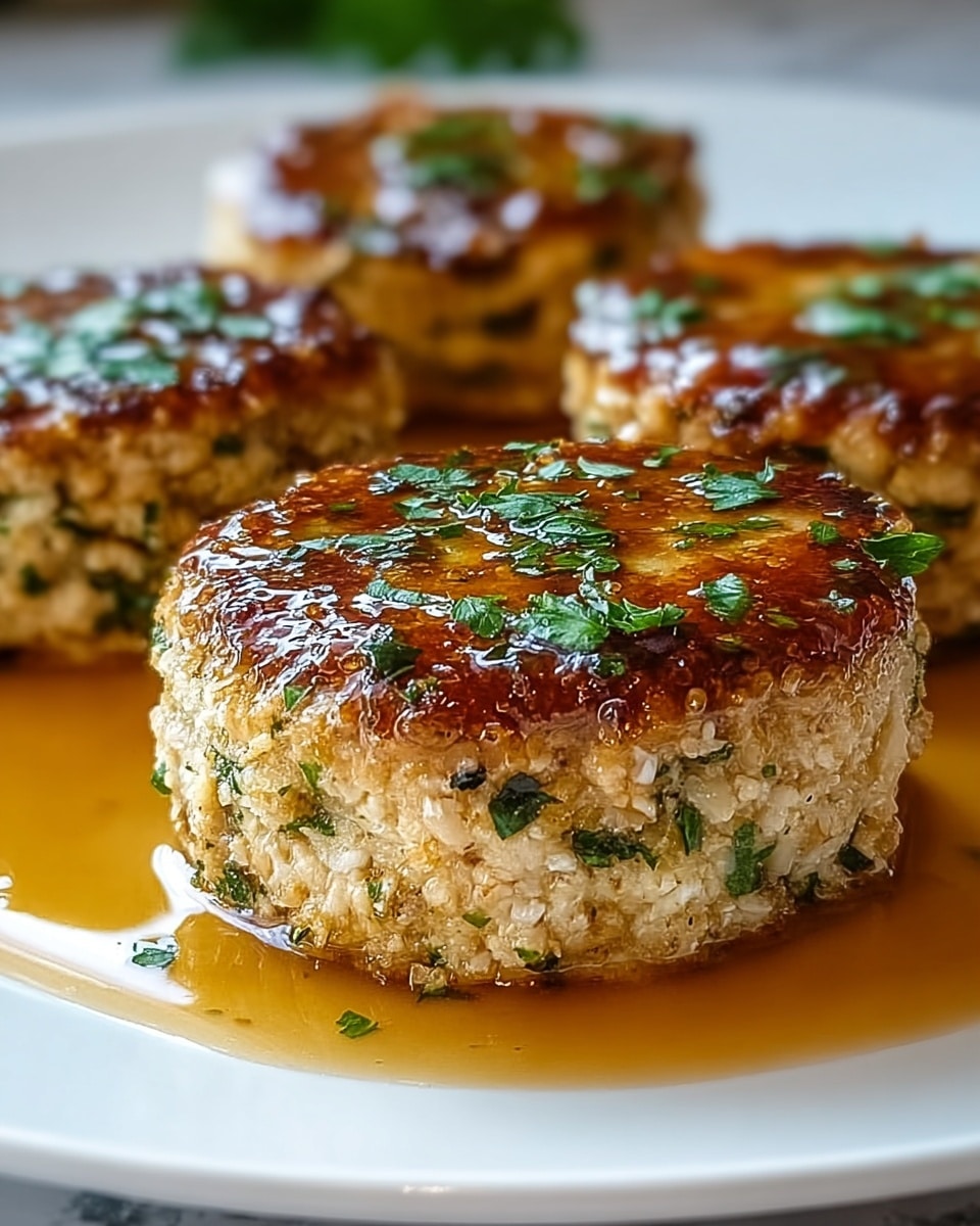 The image shows four round, golden-brown patties with a shiny glaze on top, garnished with green herbs. Each patty is thick and textured, showing bits of green and white inside, suggesting an herb-filled mixture. They sit on a white plate with a shallow layer of light brown sauce pooling beneath them. The surface beneath the plate is a white marbled texture. The main patty in the front is in sharp focus, and the other patties are slightly blurred in the background, creating depth. photo taken with an iphone --ar 4:5 --v 7